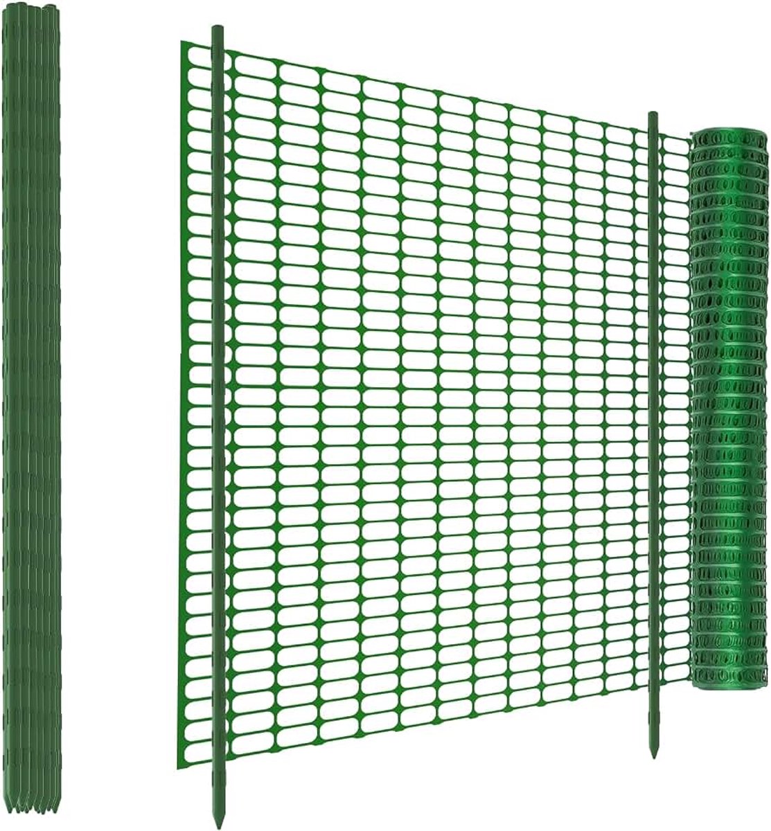 Groen, 30 m lang x 100 cm hoog, met 30 palen, 115 cm hoog, kunststof mobiele omheining voor begrenzingshek, gevogeltennet, kippenhek, pluimveehek, hondenhek, steekhek, vijverhek, konijnenhek