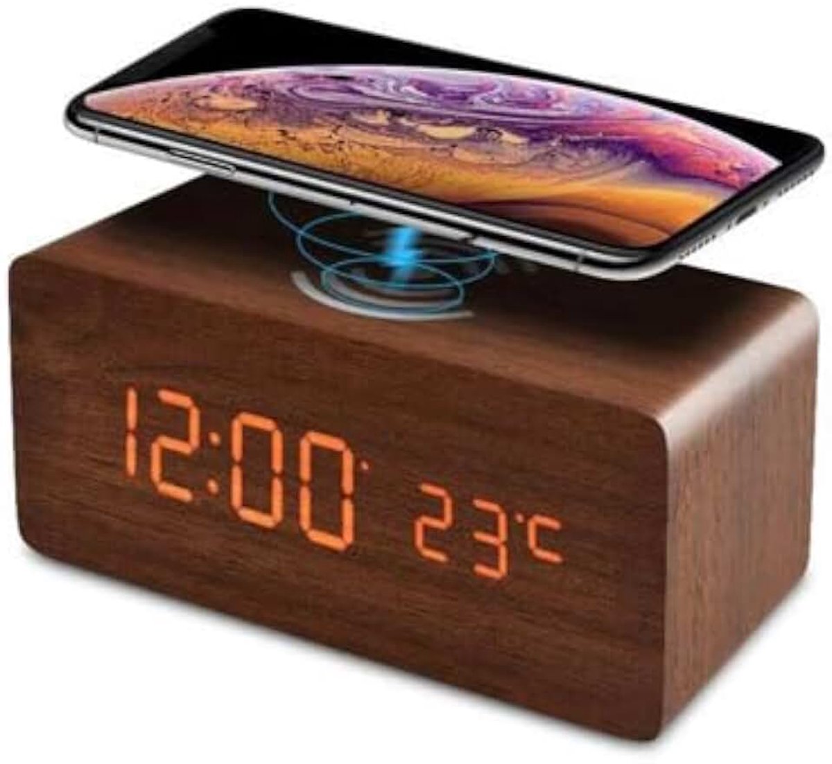 Houten wekker met draadloos laadstation, led-display, temperatuurweergave, 3 wektijden (donkerbruin)
