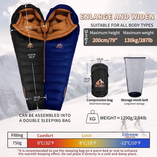Winter Dons Slaapzak - XXL Slaapzak - Kamperen en Wandelen - Ultralicht Gewicht - 225 cm - Zwart — afbeelding 2