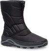 Zwarte gewatteerde snowboot met rits aan de voorkant en grijze zool.