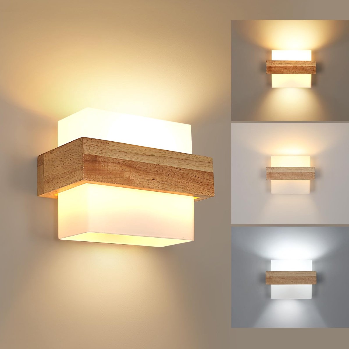 Riserva LED Wandlamp retro rechthoekig houtkleur‑wit, glazen kap, 12W driekleuren 3000/4500/6500K E27, voor trap, gang, balkon, zolder