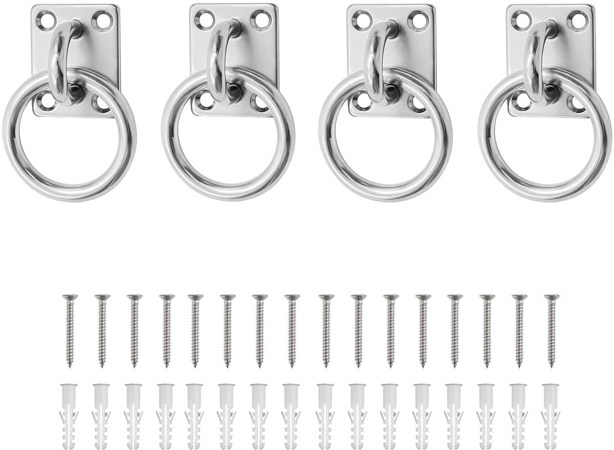 Oogplaat roestvrij staal 304 (4 stuks) met oogje 5 mm - zware oogplaat met schroeven en spreidpluggen voor hout, muren, plafonds | paardenaccessoires en bootbenodigdheden