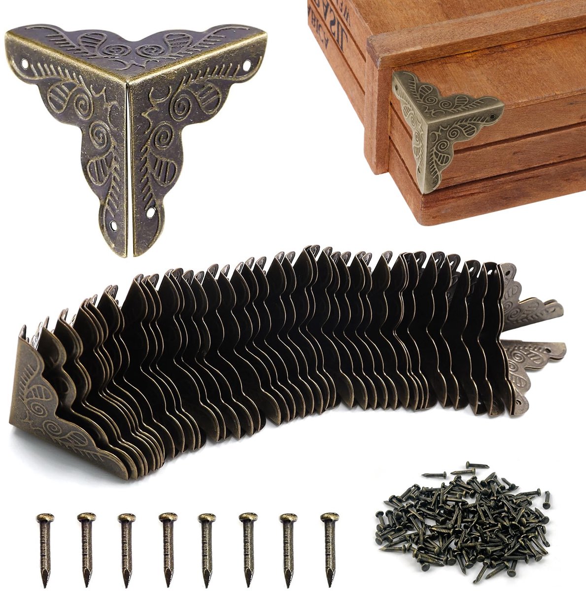 40 x antieke meubelhoeken, hoekbescherming metaal, beuken hoekbeschermhoeken meubelaccessoires voor kisten, boxen, meubels, plank, tafel, vintage brons-kleur look, 25 x 35 mm, 160 bijpassende nagels