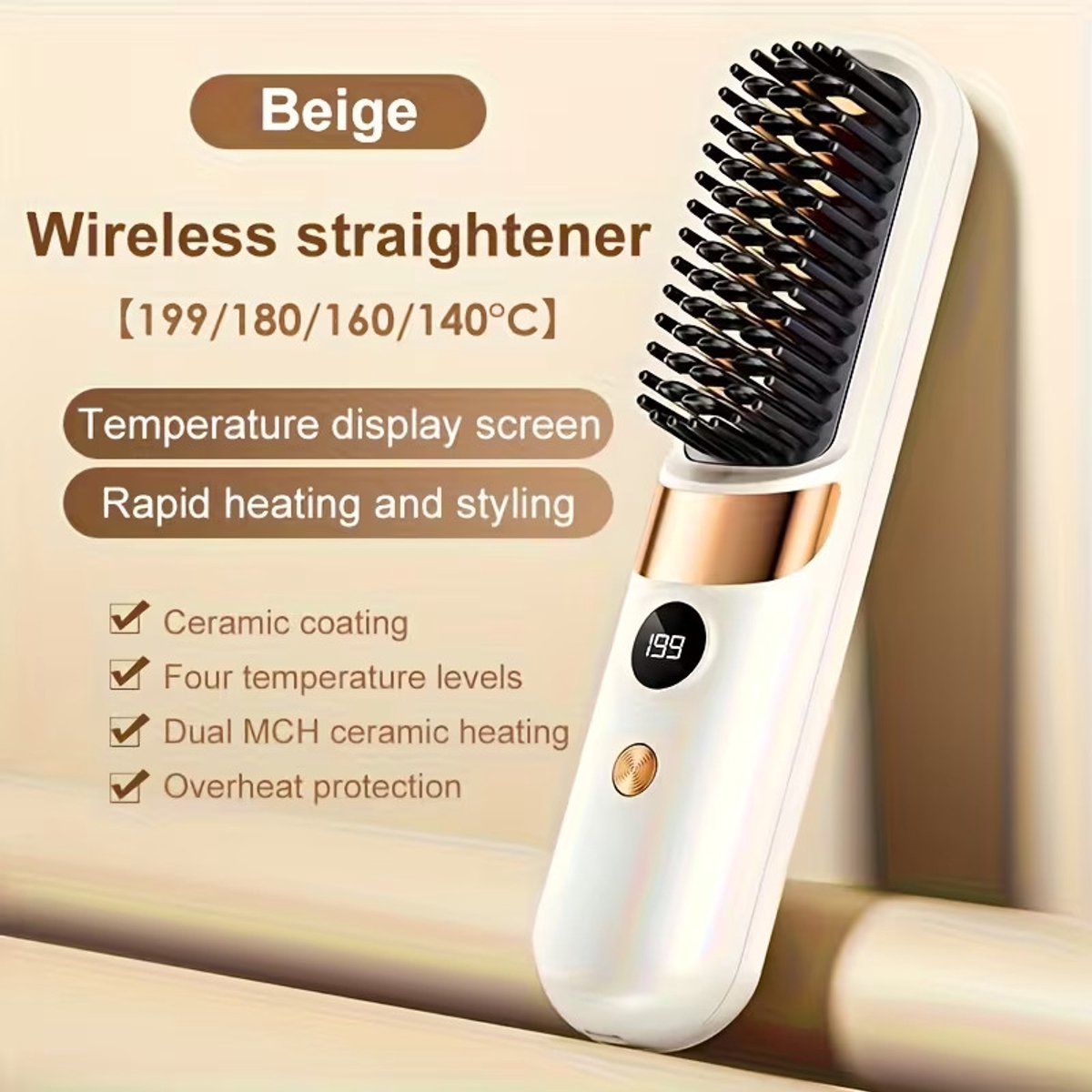 Beige Draadloze Stijlborstel 2-in-1 – Haarstijltang en Krulborstel met LED Display – Oplaadbare Reis Stijltang Inclusief Opbergetui