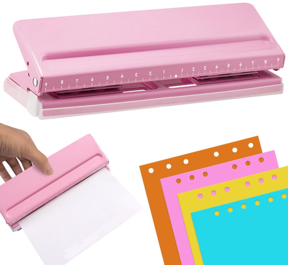 Perforator, metalen perforator, A5, A6, A7, 6-ringgaten met positioneringsmarkering, verstelbare afstand voor dagplanner, personeel, agenda (roze)