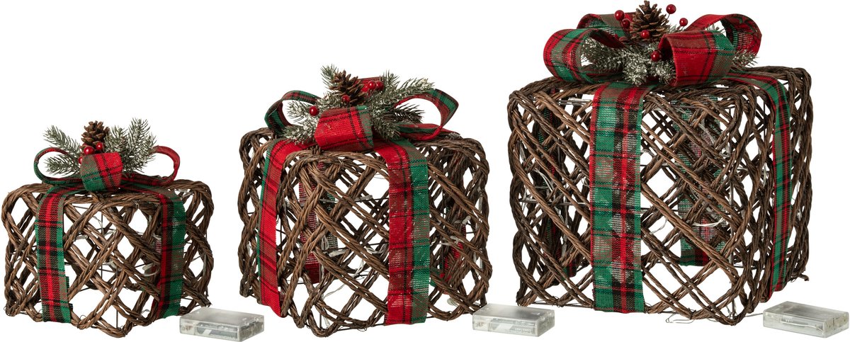 J-Line Ledcadeaus met lint en dennenappels - ijzer - donkerbruin/kerstrood - set van 3