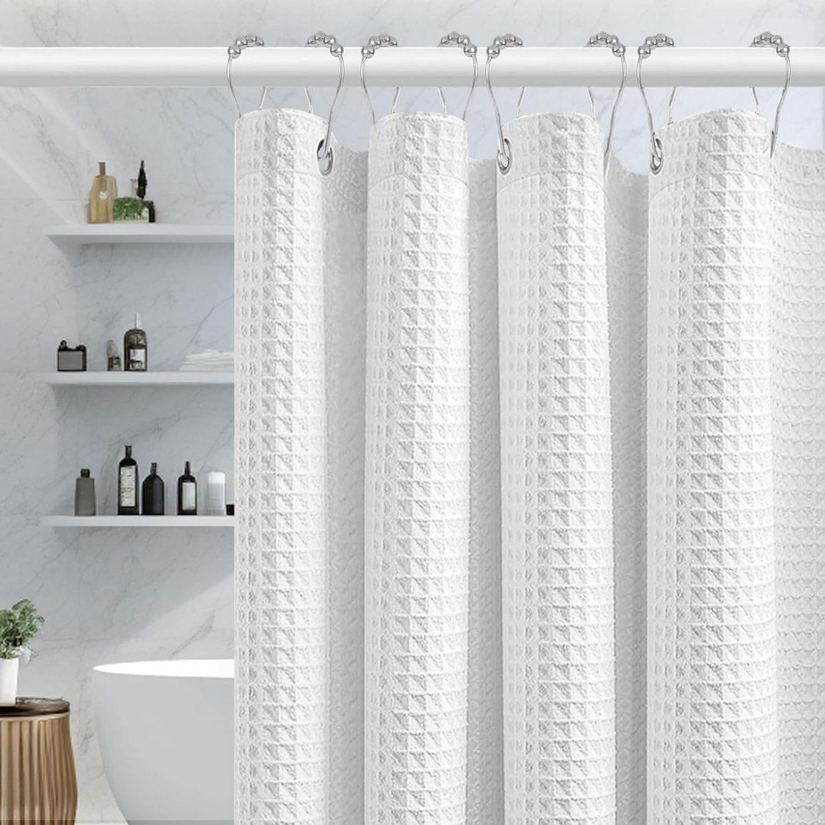 Douchegordijn met wafelstructuur, wit, 180 x 180 cm, waterdicht en schimmelwerend, wasbaar stoffen badgordijn voor badkamer met 12 ringen, machinewasbaar voor badkamer, hotel en spa