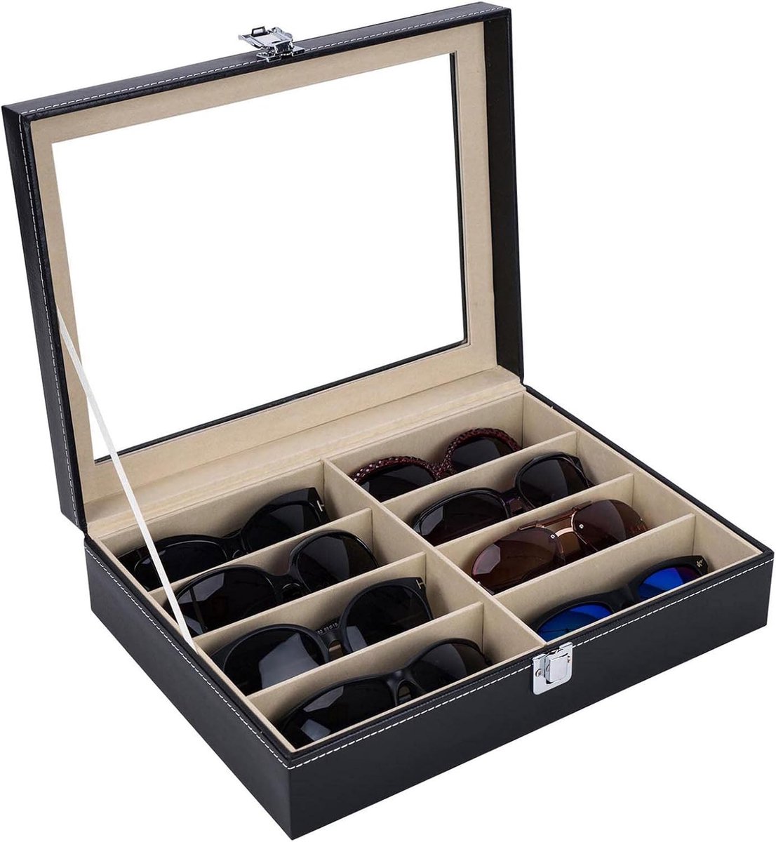 Lederen 8-delige bril opslag en zonnebril bril vitrine organisator, zwart, AW-022