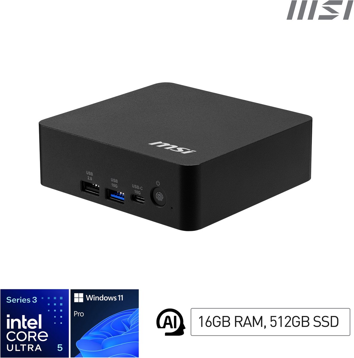 MSI Cubi NUC AI+ 3MG-004EU Copilot+ PC Intel Core Ultra 5 322 16 GB DDR5-SDRAM 512 GB SSD Windows 11 Pro Mini PC Zwart