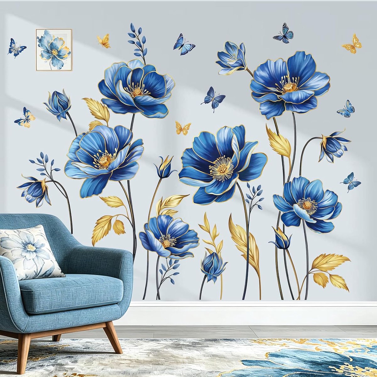 Muurstickers bloemen klaproos vlinder gouden bladeren schil en stok muurkunst stickers voor woonkamer slaapkamer bank tv achtergrond
