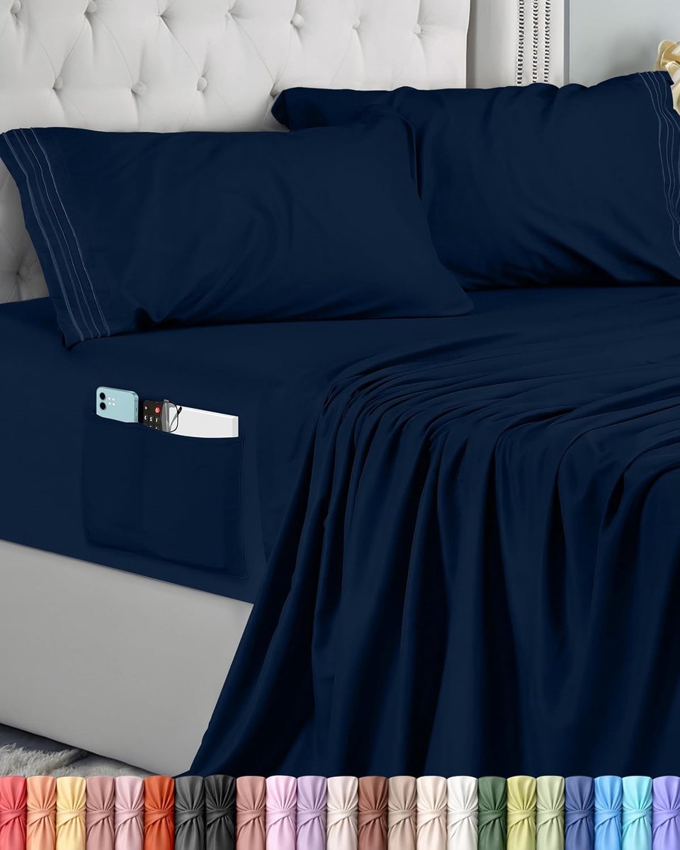 Bedding 4-Delige Geborduurde Lakenset (Voor Bedmaat 135 x 190 cm, Marine) - Geborsteld Microvezel Polyester,1 Vlakke Laken, 1 Hoeslaken met 2 Geborduurde Kussenslopen 50 x 75 cm