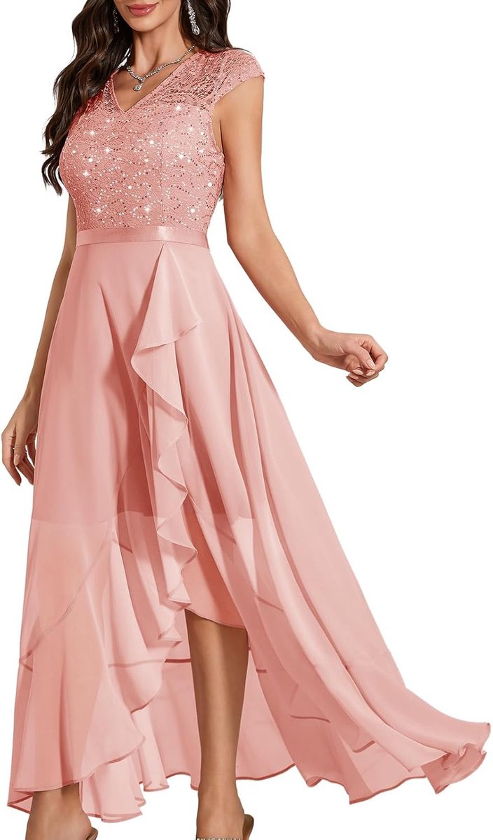 Avondjurk, elegant voor bruiloft, glitterjurk, chiffon, afstudeerjurk, lange feestelijke bruidsjurk, kant, party, cocktailjurk