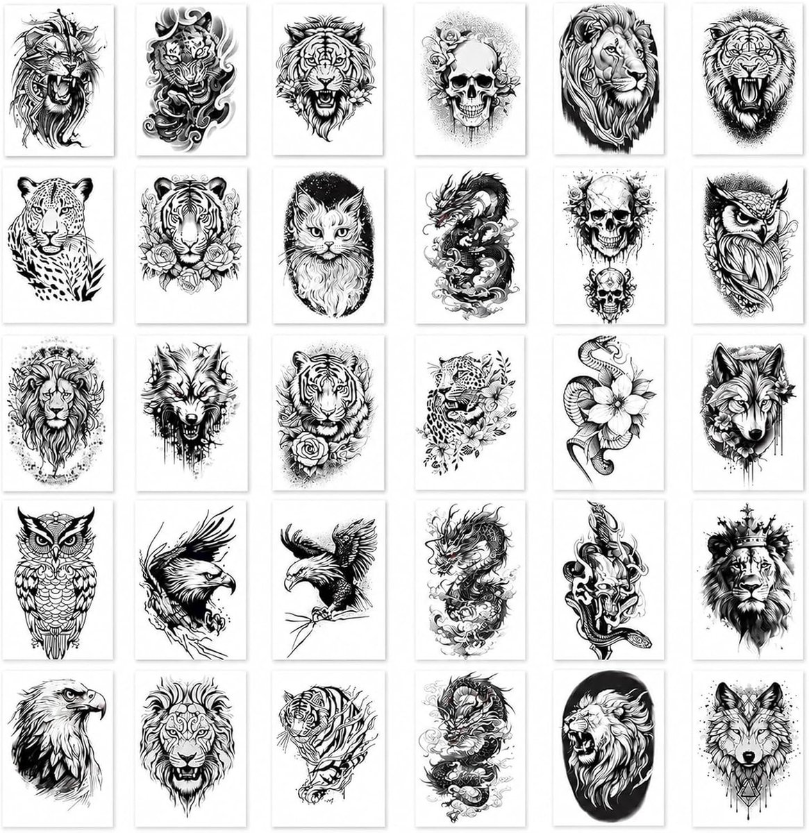 Tijdelijke tatoeages voor mannen en vrouwen, zwarte leeuw, tijger, beren, leeuwen en wolf-stijl, 3D-kleeftatoeages voor volwassenen, lichaamskunst voor armen, borst en