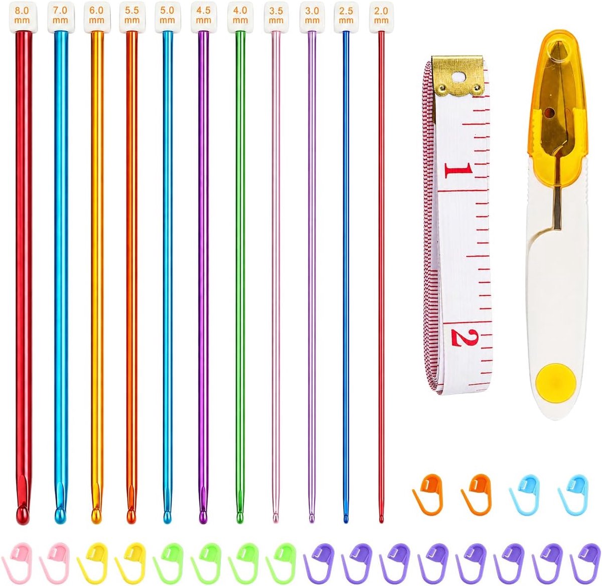 Haaknaalden, Tunesische haaknaalden, Tunesische haaknaald, aluminiumlegering, 27 cm, 11 maten, met 1 schaar, 1 meetlint, 20 veiligheidsspelden, voor mutsen, sjaals, handschoenen, 11-delig