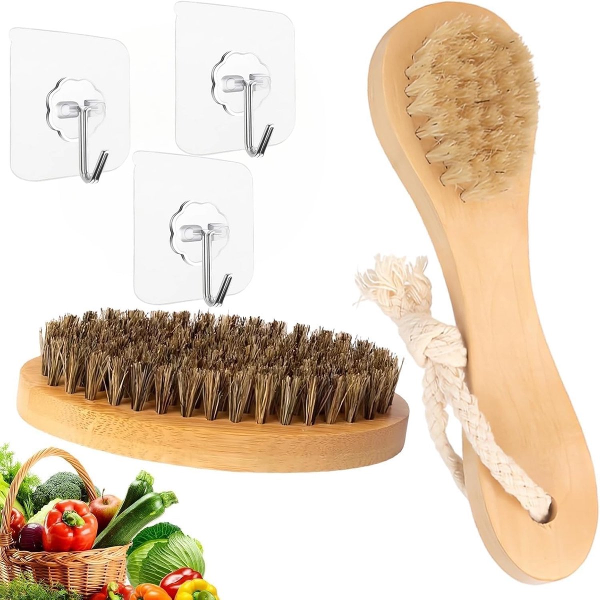 5 stuks, groenteborstel, hout, natuurlijke haren, paddenstoelborstel, champignonborstel, zachte borstel, hout, ergonomische handgreep voor het reinigen van groenten, fruit en