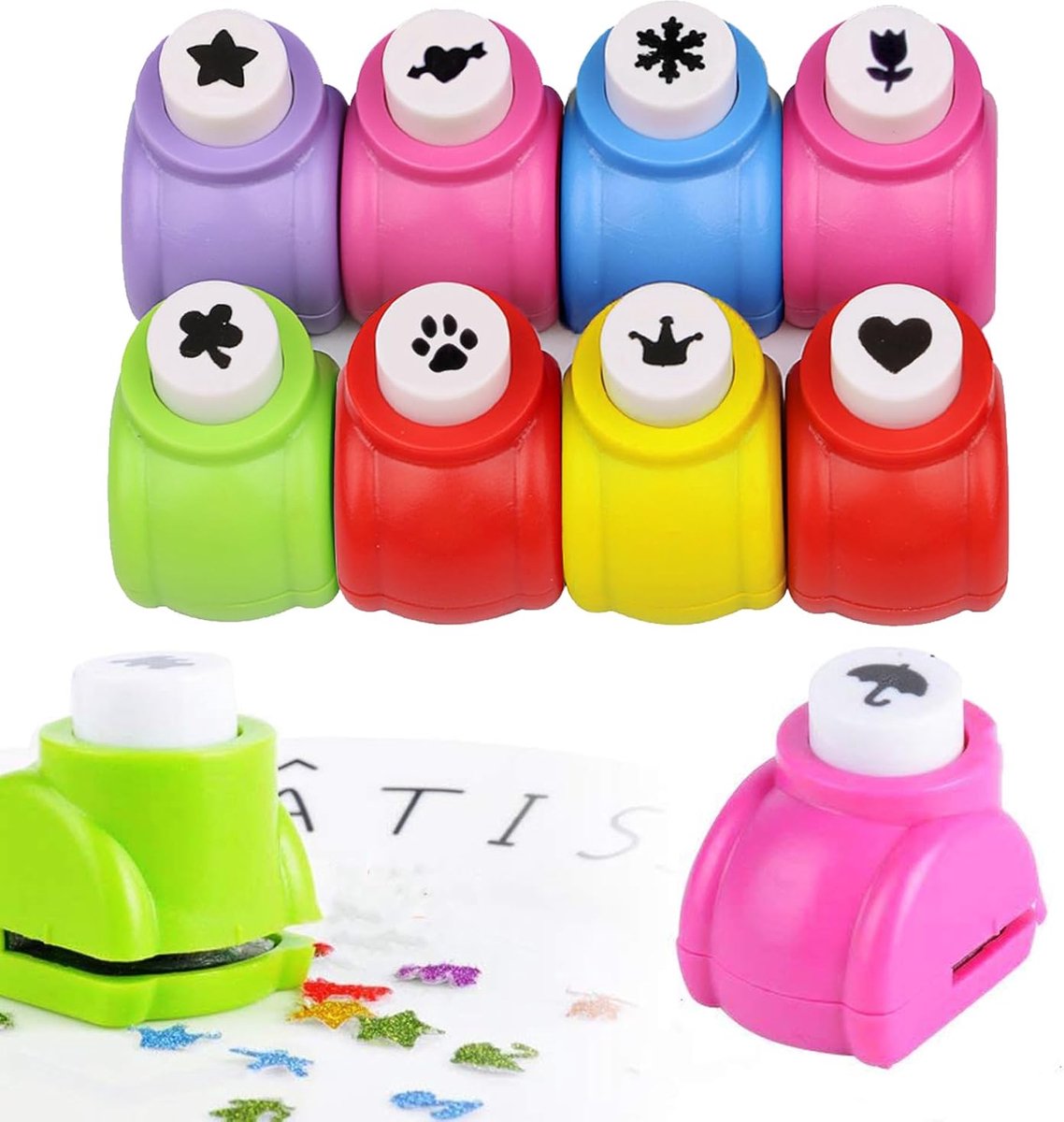 ponsmachine 8 stuks met decoratieve sterren/harten/bloemen - handmatige perforator voor knippen en karton | Stammachine voor kinderen en volwassenen | creatief papier