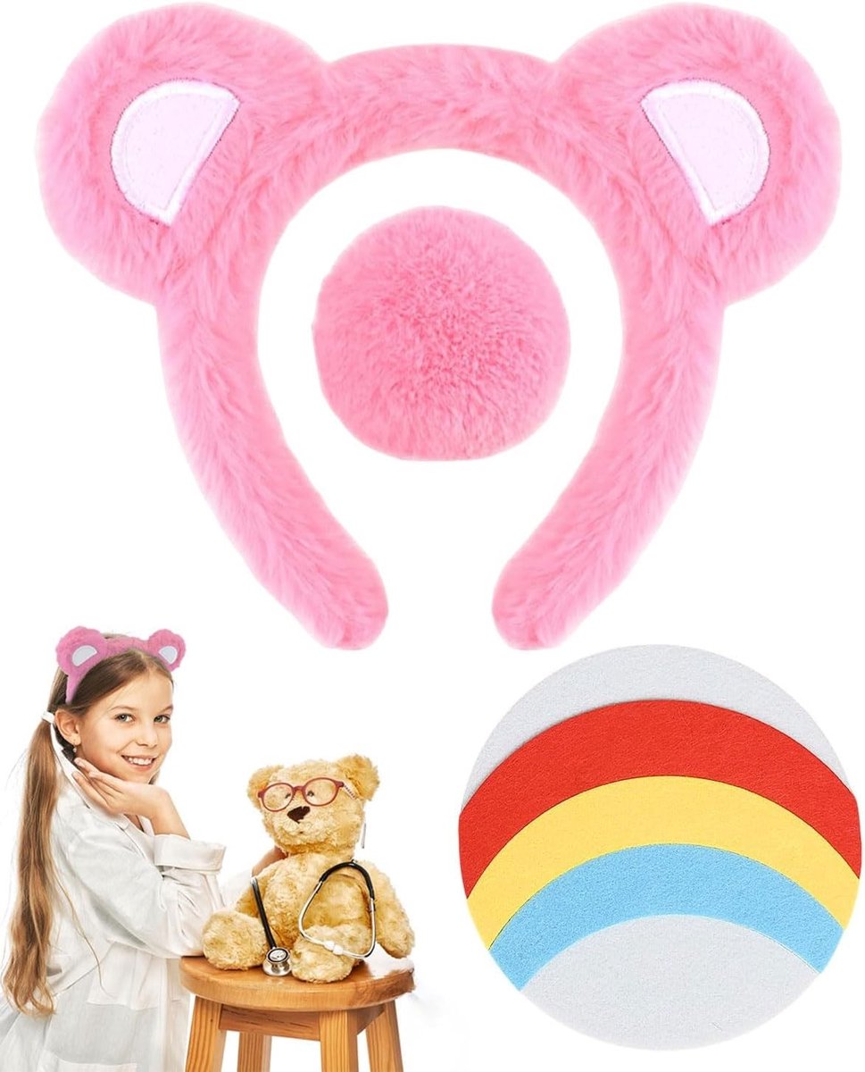 Dames Berenkostuum met Accessoires voor Carnaval, Halloween en Verjaardagsfeestjes - Berenoren, Staart en Stickers (Roze)
