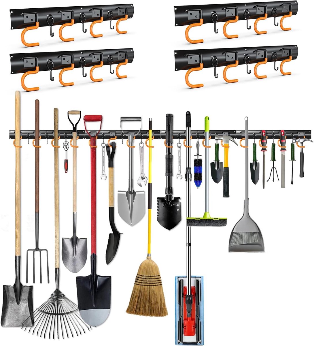 SnelShoppen - 3-H Wandhouder voor Tuingereedschap, 4 x 42 cm, Massief Staal, Zware Belasting, Afneembare Haken, Tuingereedschapshouder, Garage, Tuinhu