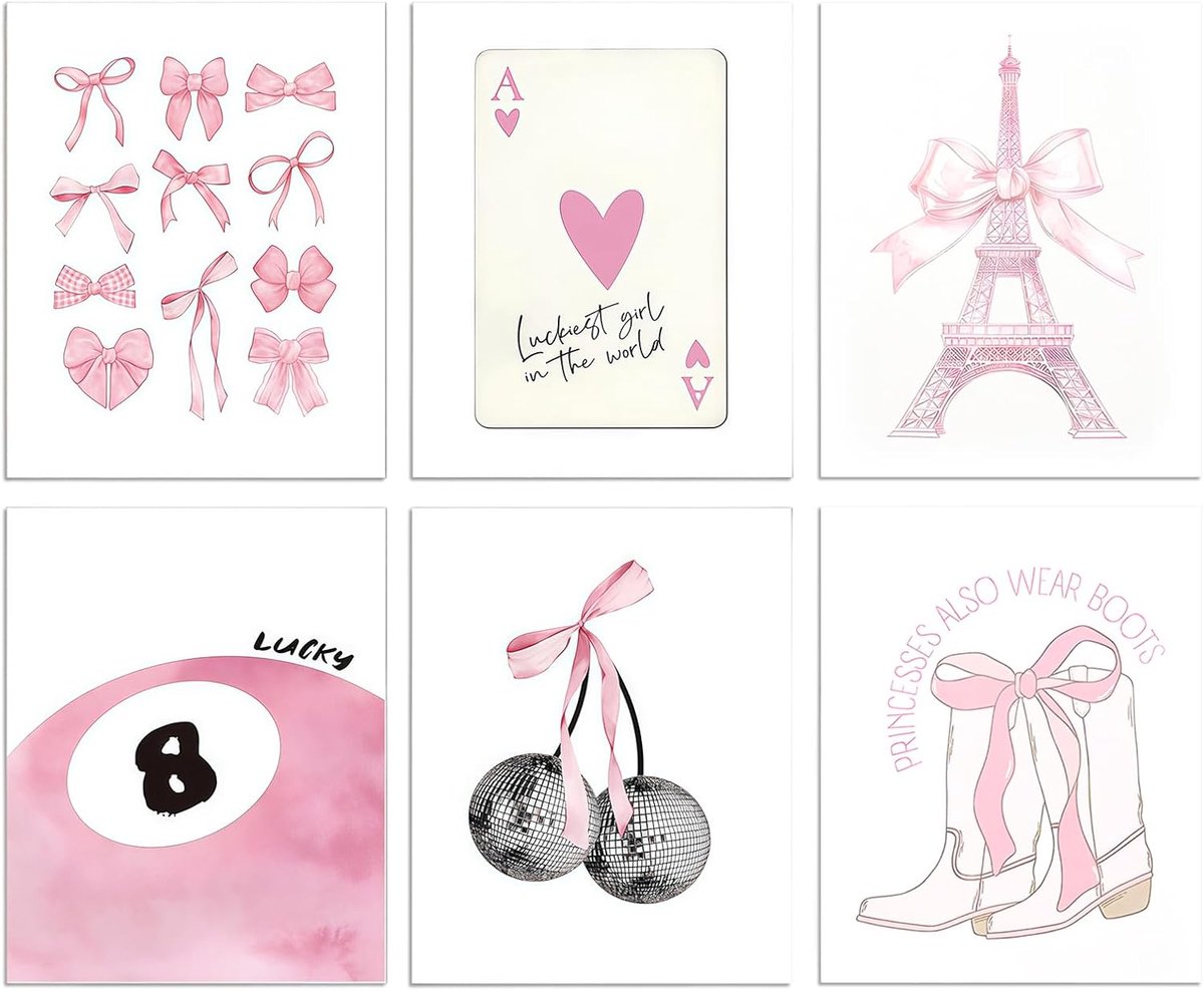 SnelShoppen - 6 Stuks Moderne Preppy Posters Roze Strik Muurkunst Kamerdecoratie Prints 20 x 25 cm Modieuze Muurkunst Prints Set Disco 8 Bal Kersen Mu
