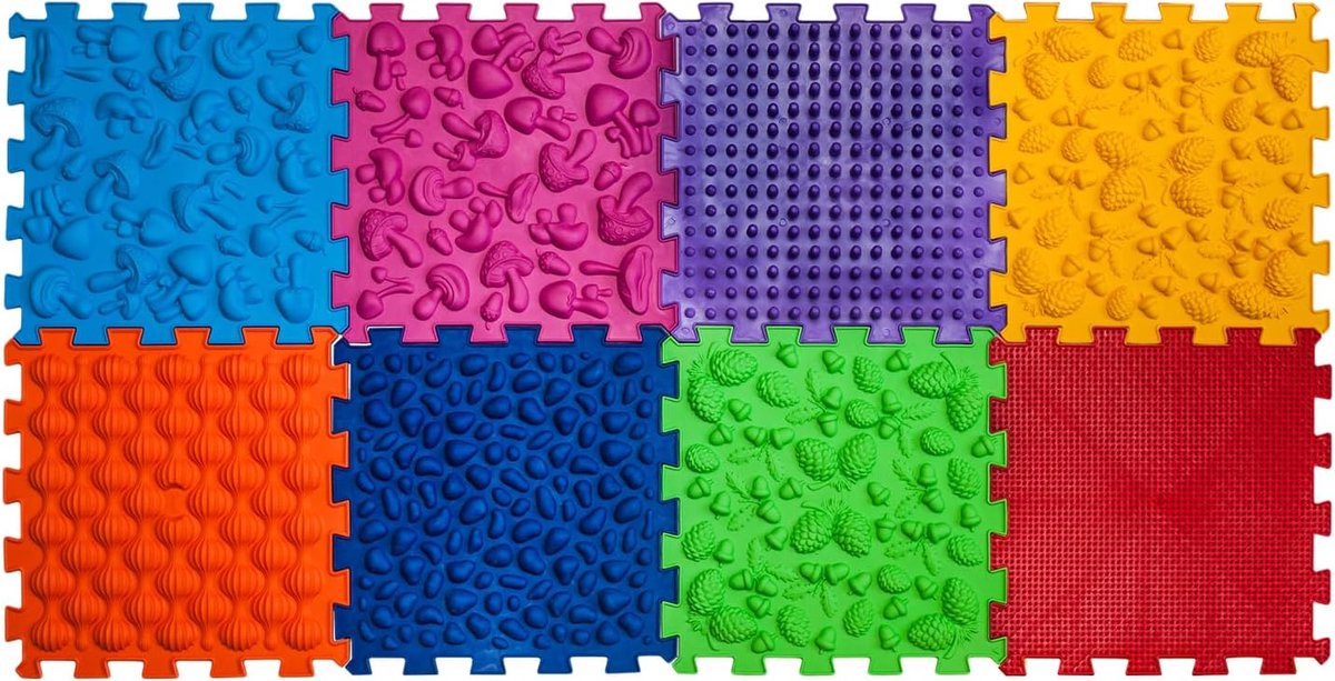 SnelShoppen - Orthopedische sensorische massage- en structuurmatten 'Puzzle Mix' 8-delig, kleurrijke speelmatten voor kinderen, stimulerend en ontspan