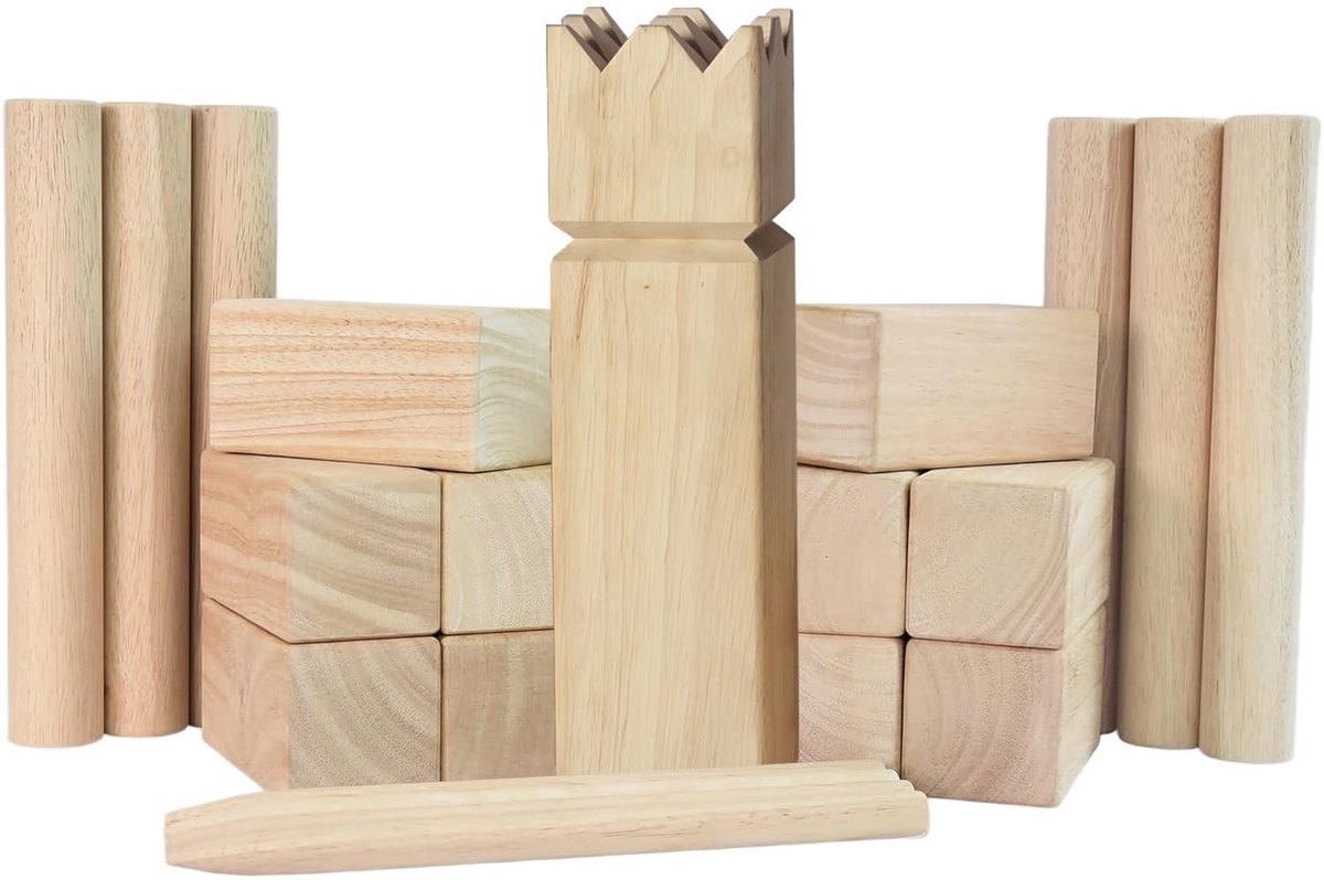SnelShoppen - Kubb Spel voor Buiten - Houten Gooispel voor Volwassenen - Premium Rubberhout Kubb Set voor Tuin, Feest, Camping - Familieplezier met 6