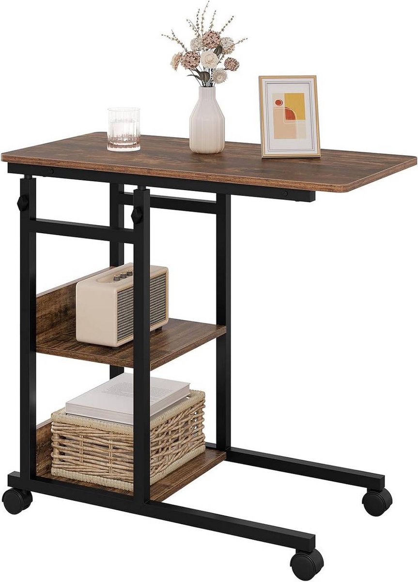 SureDeal® - Bijzettafel - Salontafel - Hoogte verstelbaar - Metaal houtmateriaal - Vintage houtlook - 80x76x40 cm - Zwart