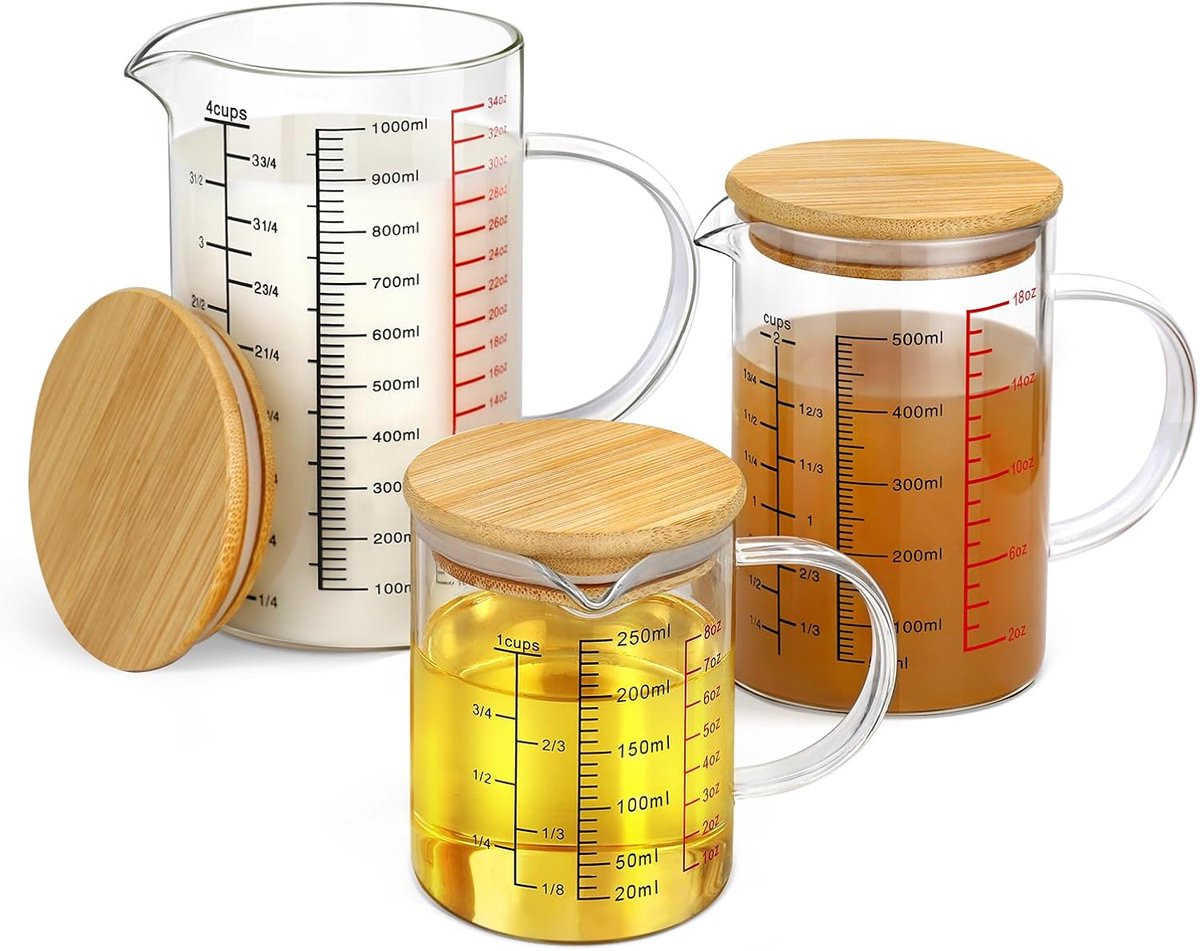 SnelShoppen - Set van 3 glazen maatbekers 350 ml, 500 ml, 1000 ml met handgreep - Hittebestendig borosilicaatglas voor keuken en laboratorium - Nauwke