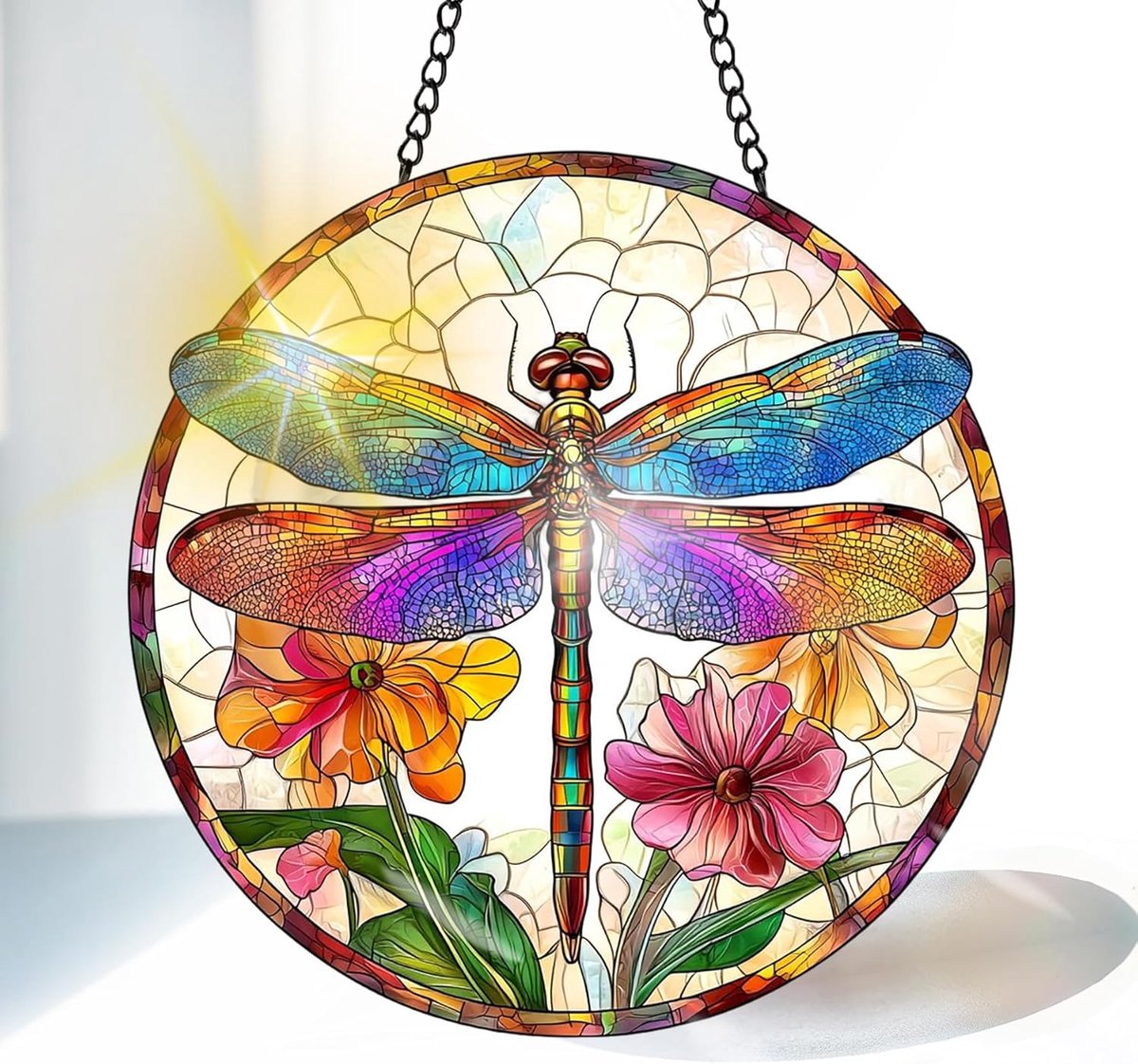 Libel Gekleurde Glas Zonnevanger 20 cm, Decoratief Dier Glasraam Ornament met Ketting en Ophanghaak, Raamdecoratie voor Venster, Woonkamer, Tuin of Balkon, Cadeau Idee