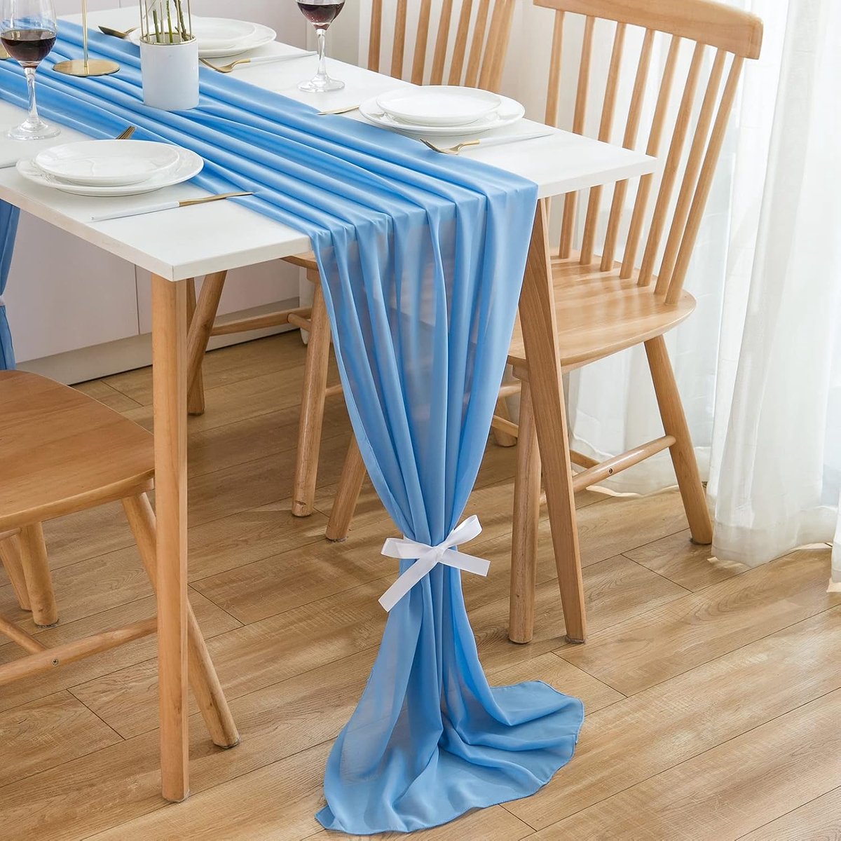 Tafelloper, Azuurblauw, Chiffon, Tafelloper, Bruiloft, Tafelband, Communie, Decoratief voor Verjaardagen, Feestelijkheden, 3 m x 70 cm, Hemelsblauw