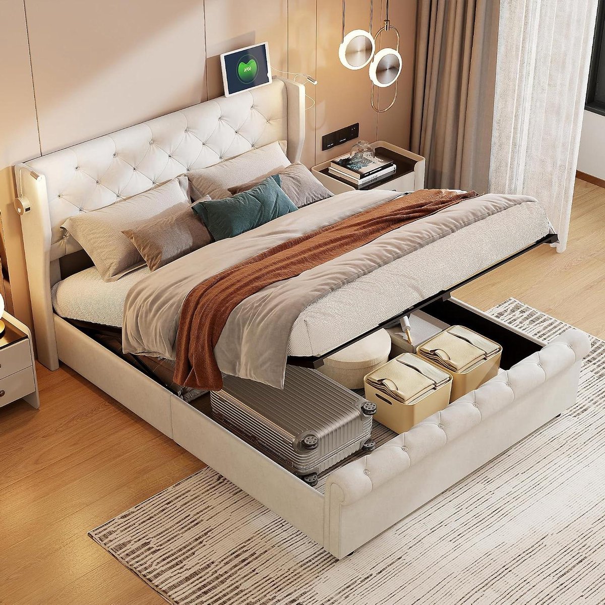 Upholstered Bed - Jeugdbed Velvet - Slapen en Lezen - Met Opbergruimte - 140 x 190 cm - Beige