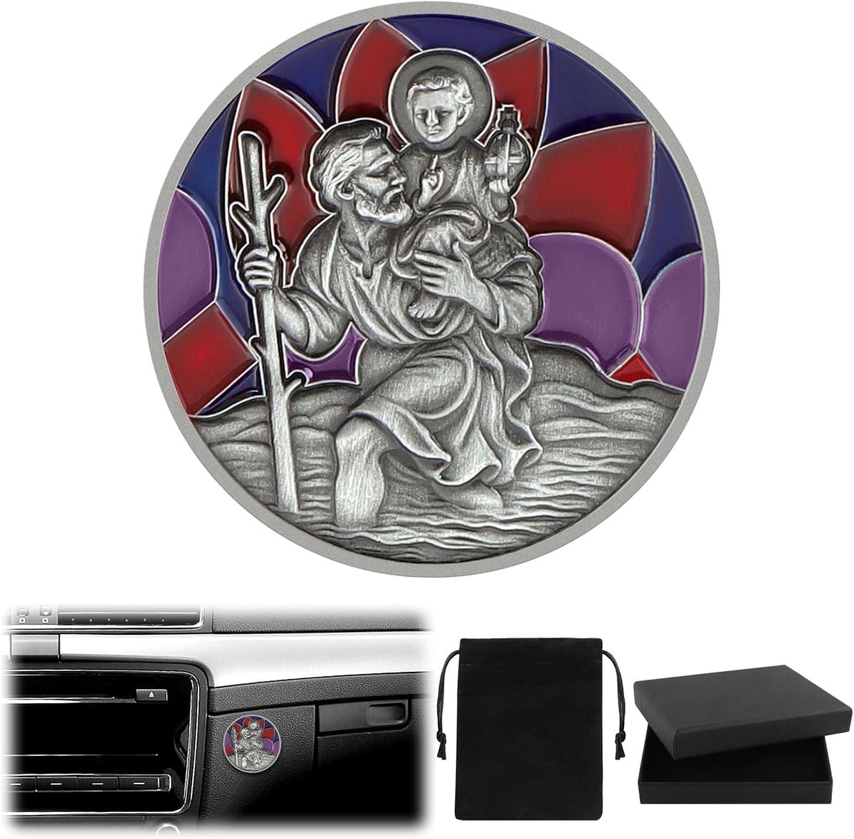 Christophorus autoplakkers, diameter 4 cm, met magneet, dubbelzijdige nano-plakstickers, fluwelen zakje, gezegend beschermpatron van de reizigers Christophorus, automagneet, modern