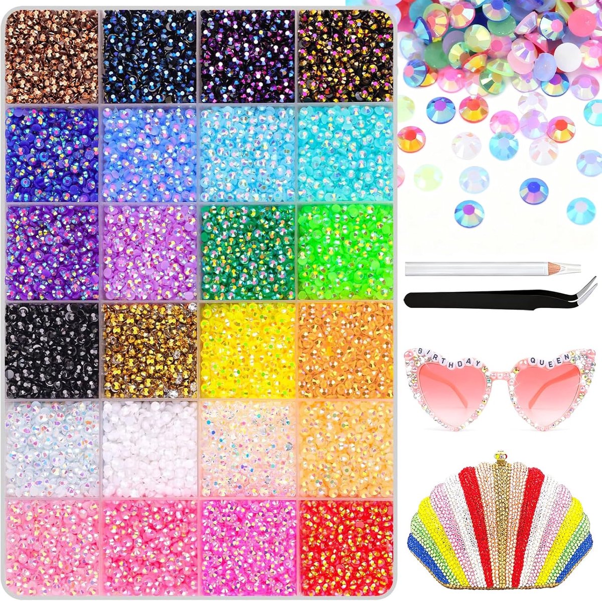 Pakket van 24000 strass-steentjes, 24 kleuren glitter stenen voor ambachten, 3 mm ronde glitter edelstenen, strass-steentjes voor bedazzelwerk voor DIY ambachten, nagels, kleding