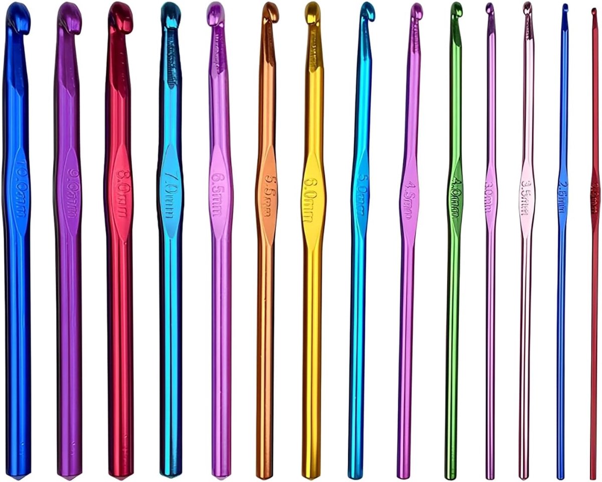 Haaknaaldenset, haaknaalden van kleurrijk aluminium, metalen haaknaaldenset, 14 maten, voor beginners of professionals (2 mm-10 mm)