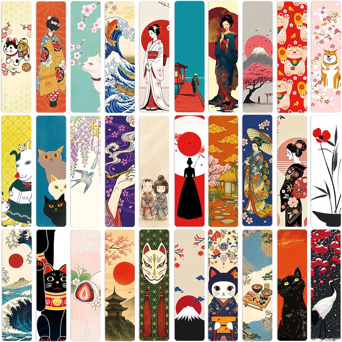 30 stuks Japanse bladwijzers van papier met traditionele motieven, bladwijzerset voor lezers, boekenliefhebbers, Japan-fans, studie & dagelijks gebruik