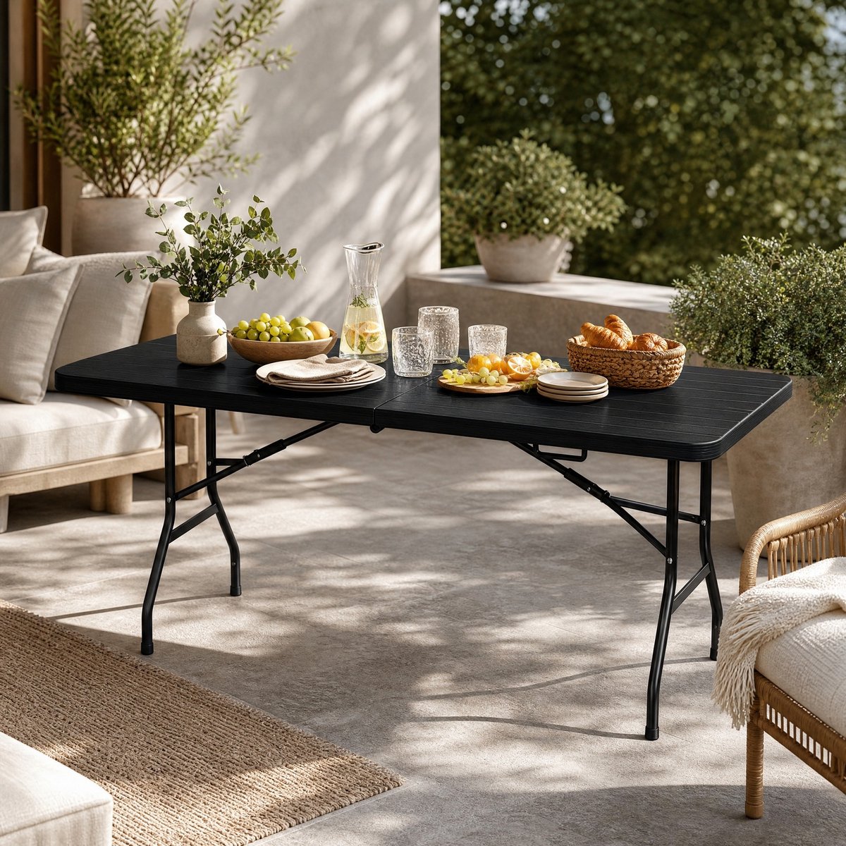 DESMIU Tuintafel - Opvouwbare Rechthoekige Balkontafel Van HDPE En Metaal - Voor Balkon, Tuin En Camping - Zwart - 180x74x70 Cm