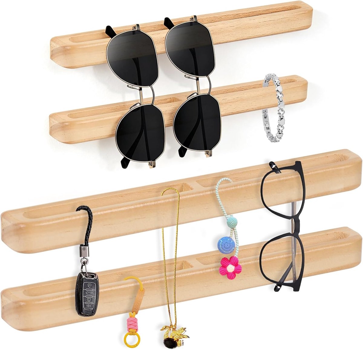 houten brilstandaard voor de muur, 4-delige zonnebril opbergoplossing, muurbrilstandaard brilplank om eenvoudig brillen en zonnebrillen op te hangen, zonnebrilorganisator brildisplay, 20CM+30CM