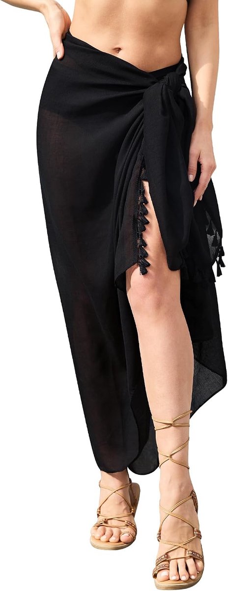 Dames Strand Wikkel Sarong, Cover-Up Chiffon Badpak Lang, Bikini Cover-Up Sexy Strand Wikkel Rok Sarong Pareo Zwart En Wit