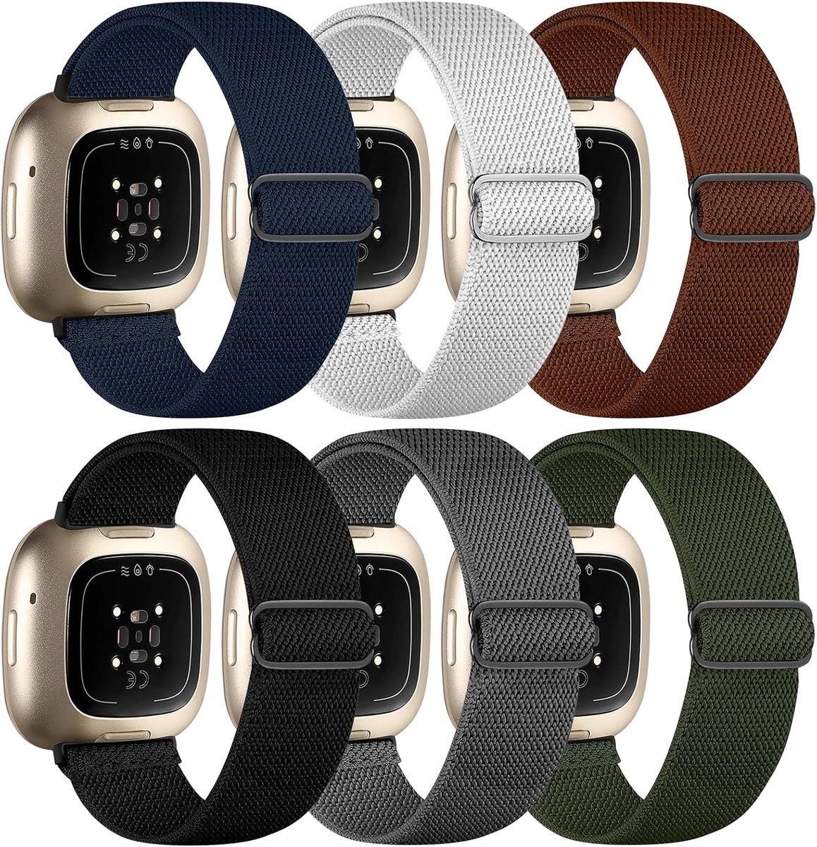 chinbersky Set van 6 polsbandjes, compatibel met Fitbit Versa 3/Fitbit Versa 4/Fitbit Sense voor dames en heren, zacht verstelbaar elastisch nylon sportbandje voor Fitbit Versa 4/Versa 3/Sense 2/Sense