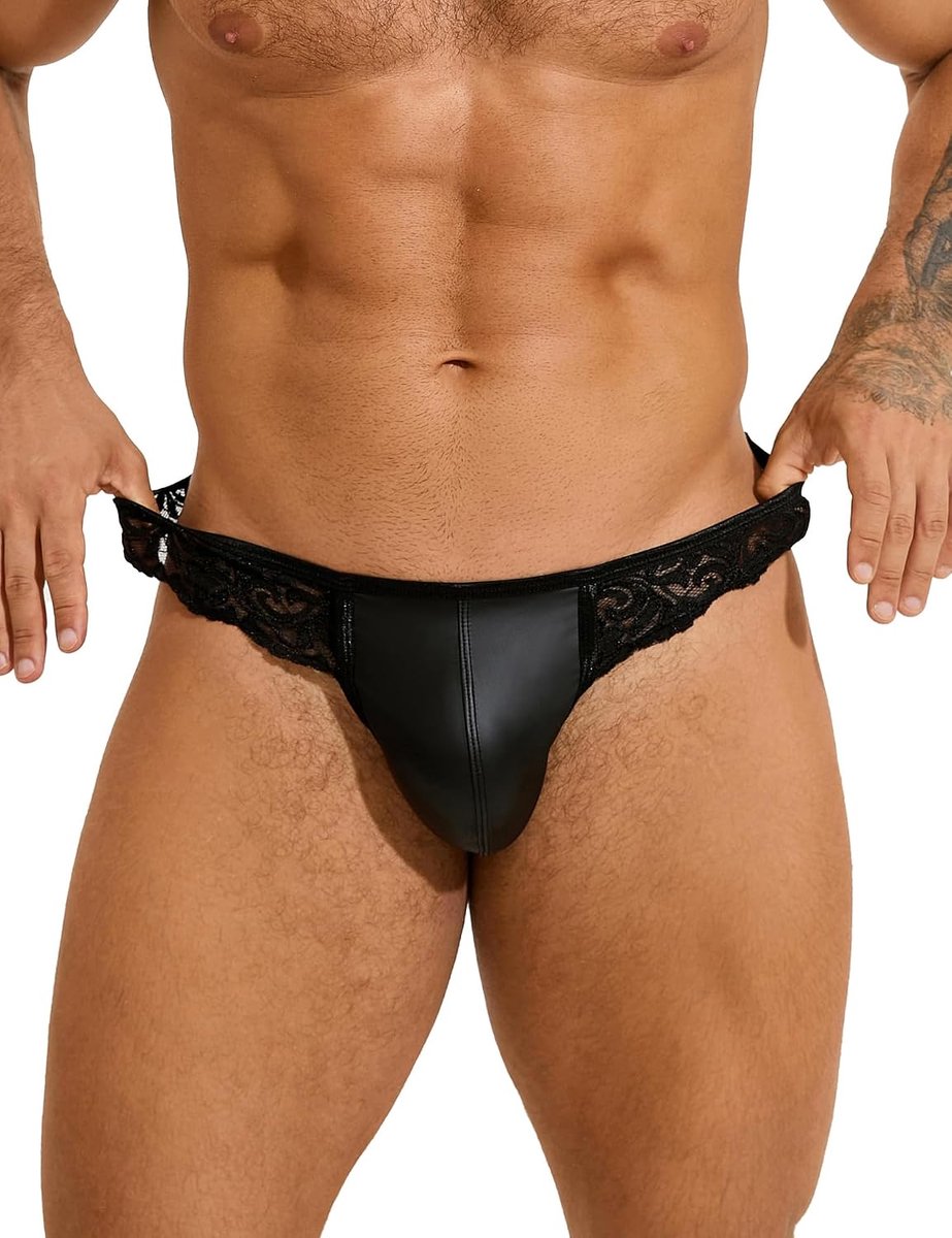 ohyeahlady String van kunstleer voor heren, chique, hot, tanga, kant, kort, open, grote maat, slip, chic, lingerie, heren, mini-string, ondergoed, T-rug, G-string
