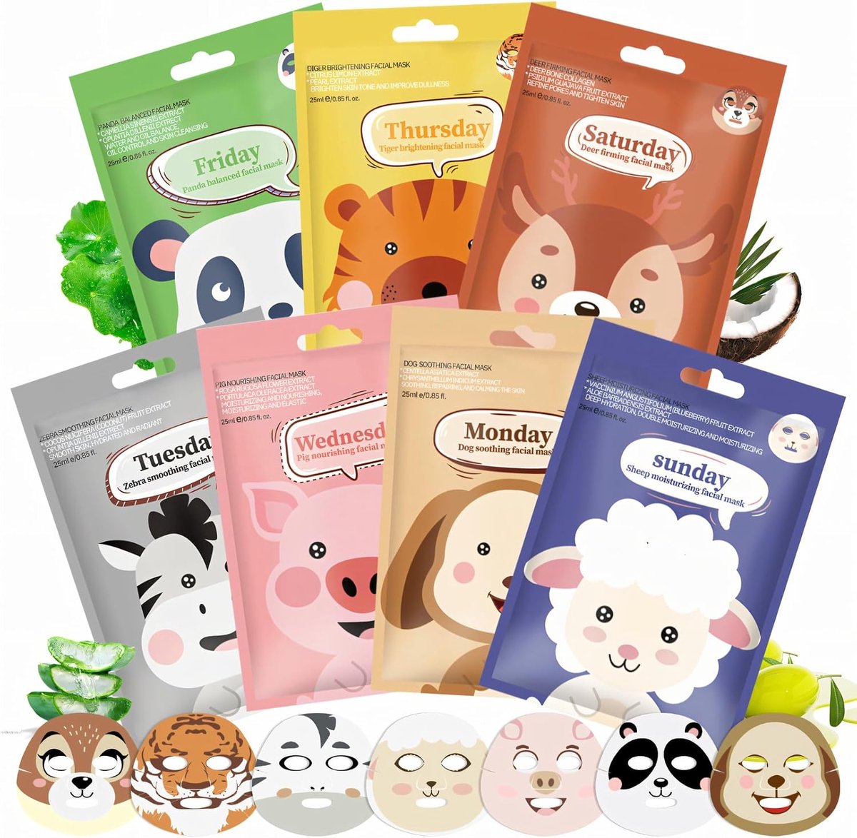 gezichtsmasker voor kinderen, dierenpatroon doekmaskers gezicht, gezichtsmaskers voor meisjes, gezichtsmasker voor vrouwen, olie-regulerend vochtinbrengend en verzorgend, 7 stuks