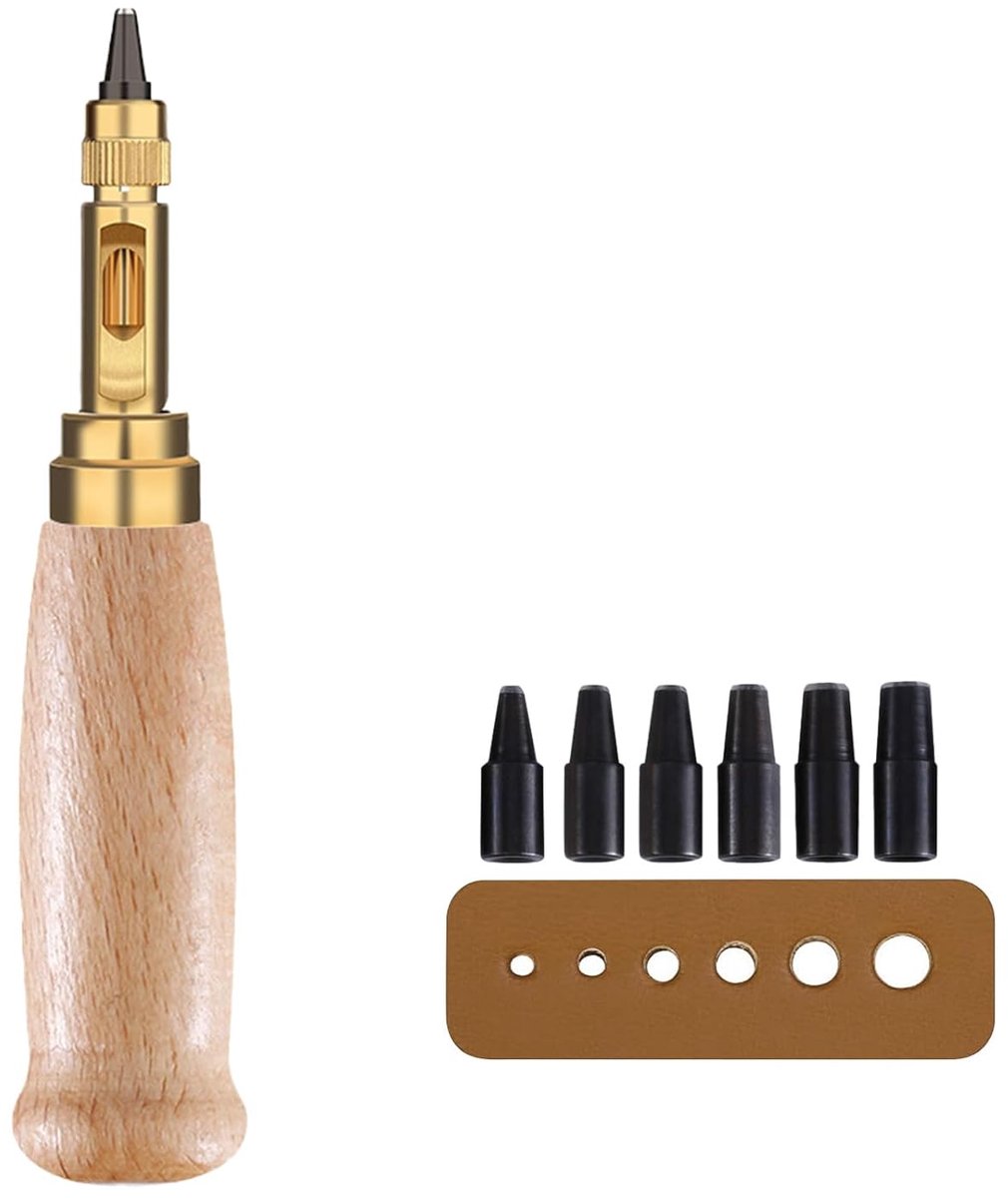 1 stuk lederen gatenpons, automatische gatenpons, papier met 6 punten, 1,5/2/2,5/3/3,5/4 mm, perforatie voor leer, afdichting, horlogebandje, riem, schoen, stof