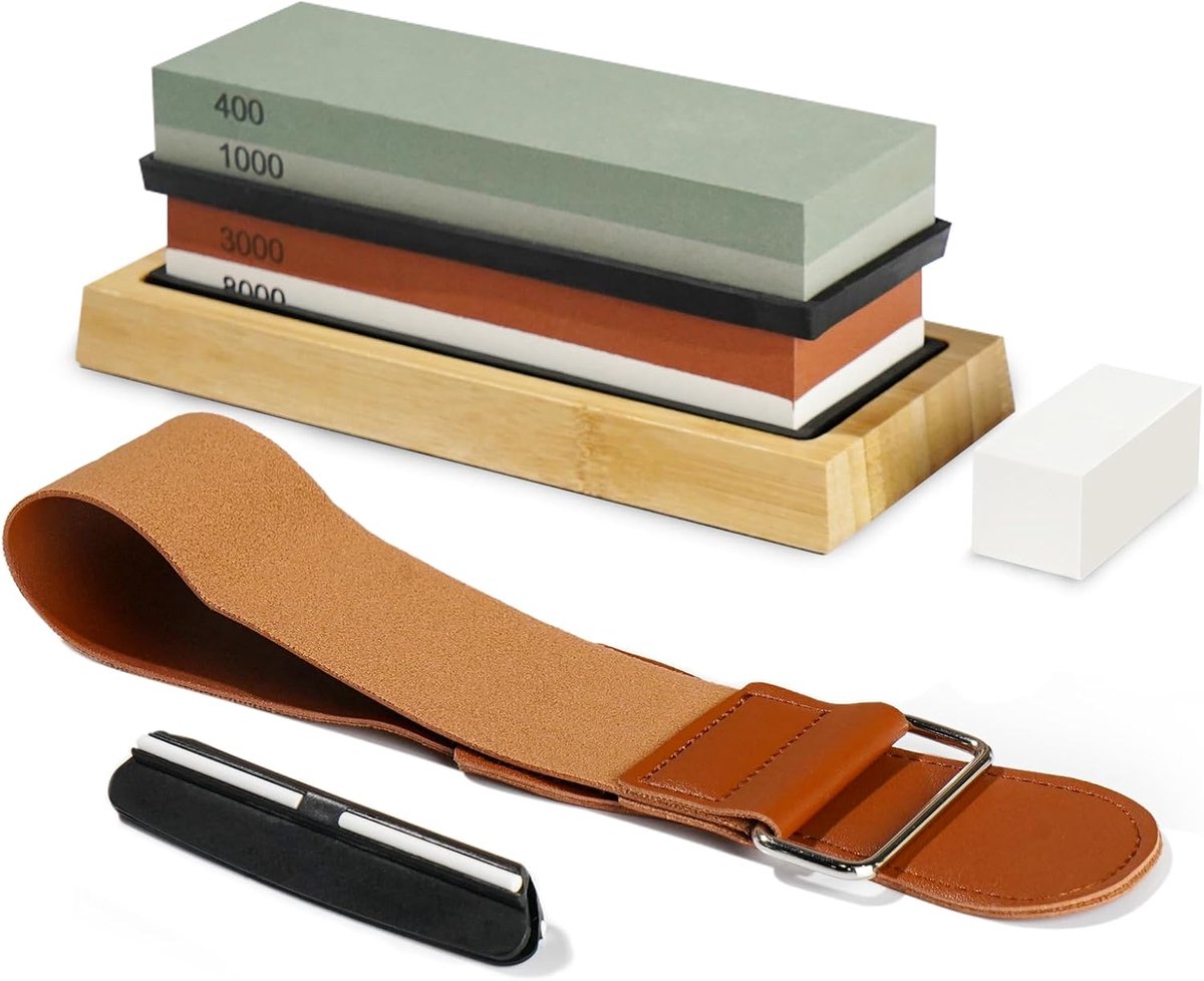 Slijpstenen, complete set met bamboebasis en leer voor alle soorten messen