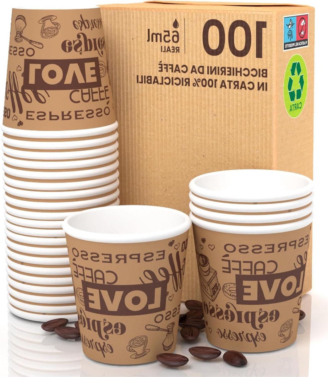 Koffiemokken van papier - Kleine wegwerpbekers - Warme dranken serveren - Milieuvriendelijk biologisch afbreekbaar - 65 ml 100 stuks - Bruin