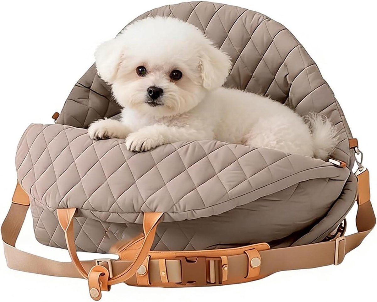 Autostoeltje Hond - Hondenmand Auto - Veilig Reizen - Verstelbare Veiligheidsriem - 45x43x34cm - Camel