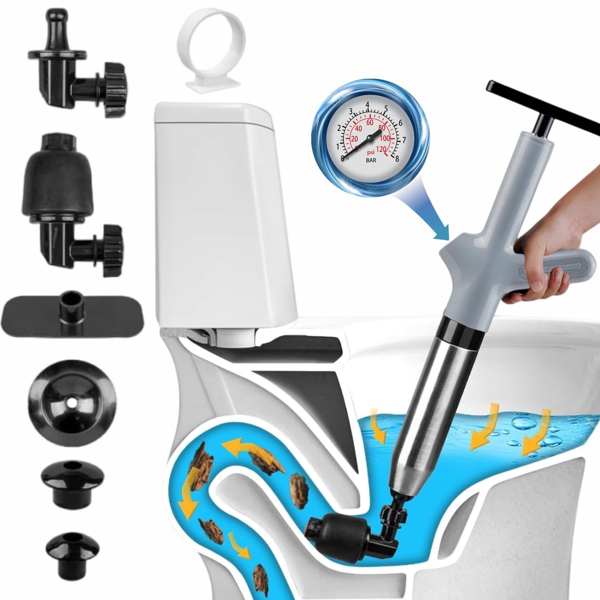 SnelShoppen - Toiletten ontstopper, wc-ontstopper met perslucht, afvoerreiniger voor toilet, wastafel, badkuip en vloerafvoer, grijs, ideaal voor thui