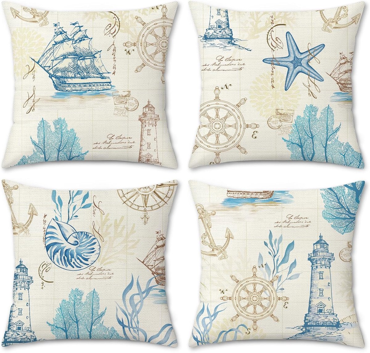 SnelShoppen - Vintage Nautische Kussenhoezen Set van 4 - Zeilboot, Vuurtoren, Kuststrand - Decoratieve Kussenslopen 45x45 cm van Polyester voor Bank,
