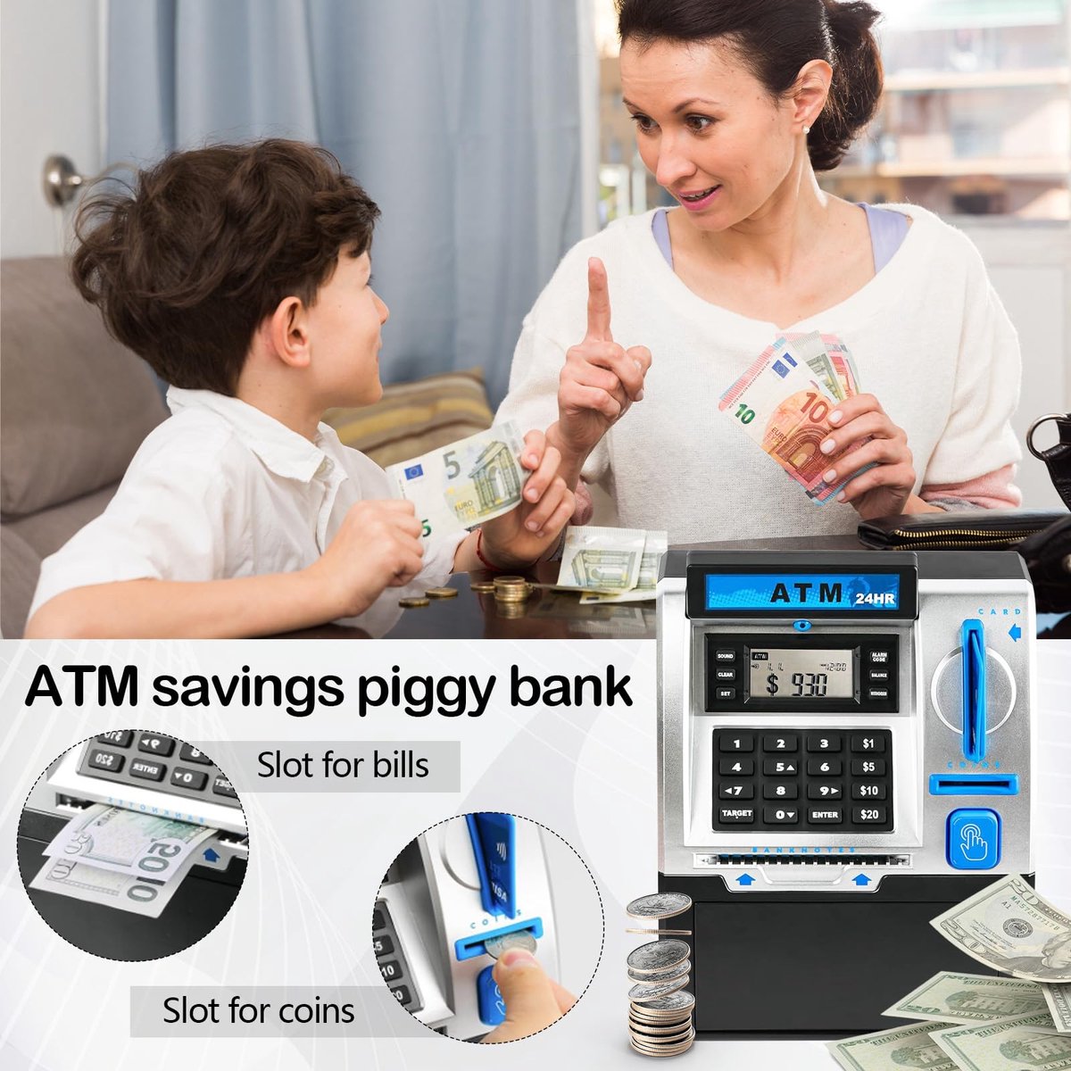 SnelShoppen - Mini ATM Spaarpot, Elektronische Spaarpot voor Munten en Biljetten, Spaarvarken Kluis met Debetkaart, Ideaal voor Kinderen en Feesten