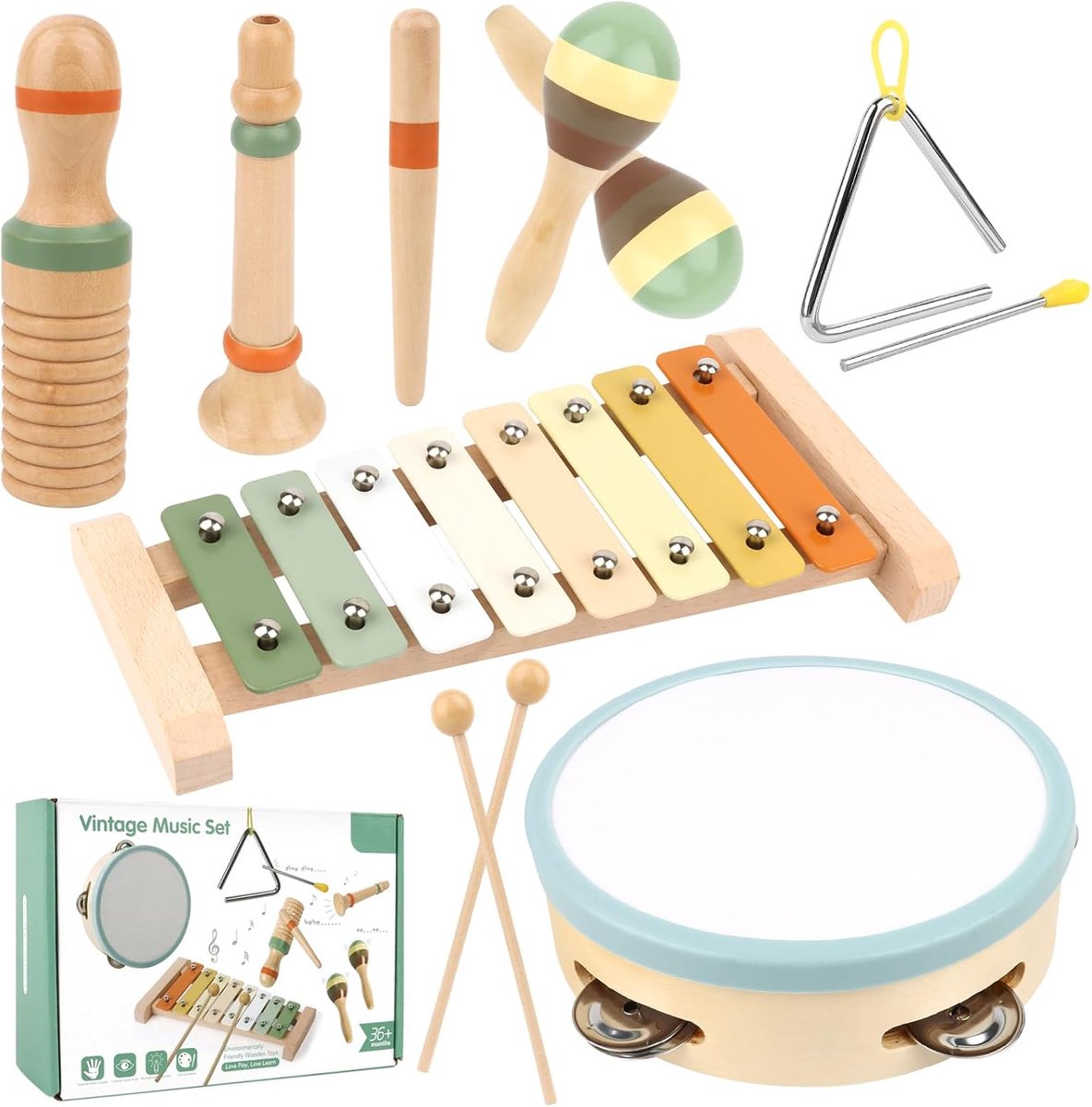 SnelShoppen - Muziekinstrumenten voor Kinderen vanaf 3 Jaar, Houten Speelgoed Set met Xylofoon, Triangel, Maraca's, Tamboerijn, Klankhout en Klarinet