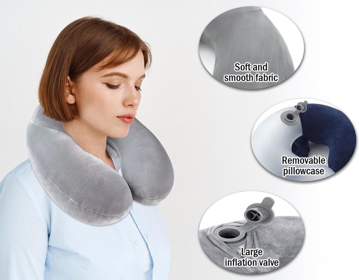 reiskussen, nekkussen, opblaasbaar, nekkussen, reiskussen, reis-nekkussen, met oordopjes en slaapmasker, voor camping, reizen, vliegtuig, trein, auto, kantoor (grijs, blauw)