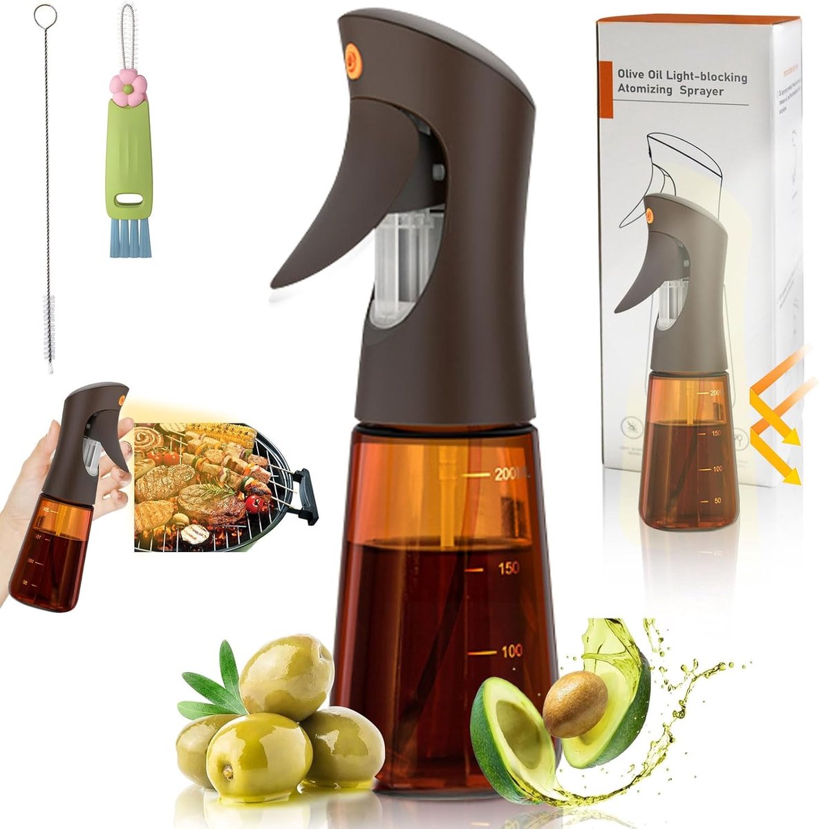 Olijfoliesproeier voor het koken van glas, 200 ml olijfoliedispenser, fles bruin, spuitflessen, oliedispenser voor keuken, keukengadgets voor salades, grillen met 3-in-1 dopborstel en